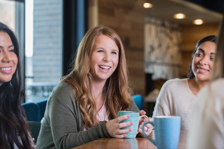 People having coffee around a table