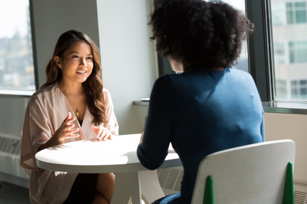 Supportive counseling conversation representing addiction awareness and treatment outreach for stimulant use